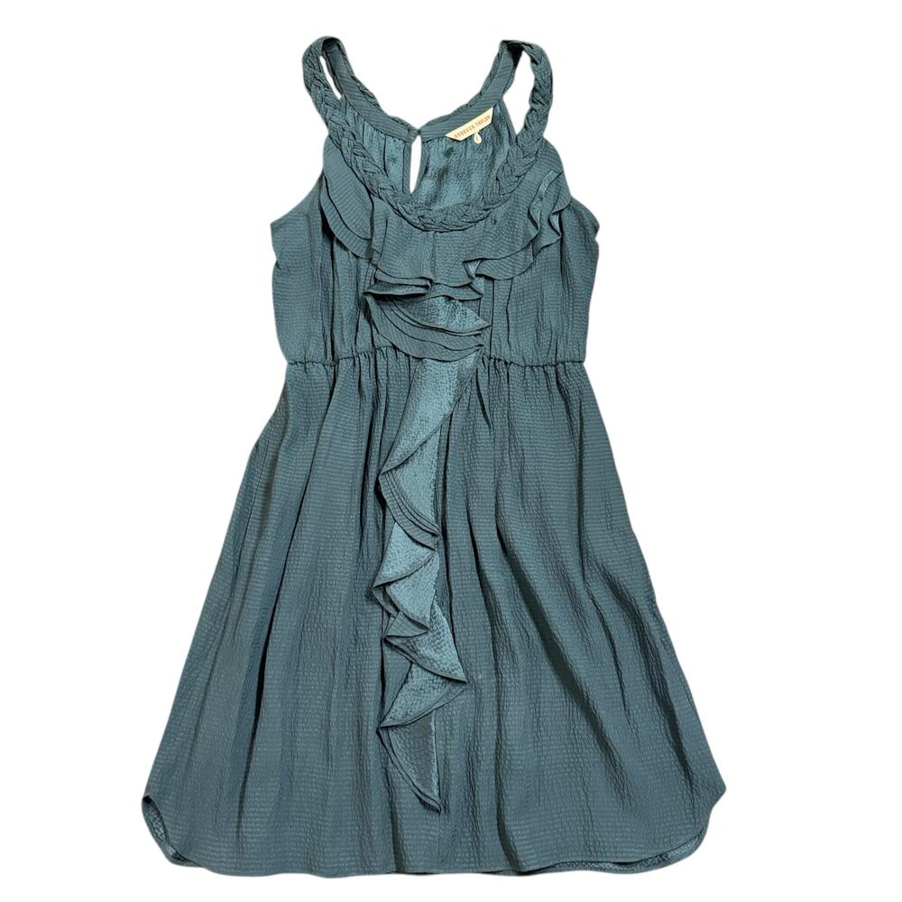 Rebecca Taylor Womens Dark Teal Silk Tank Dress, Ruffle and braded trim, 4